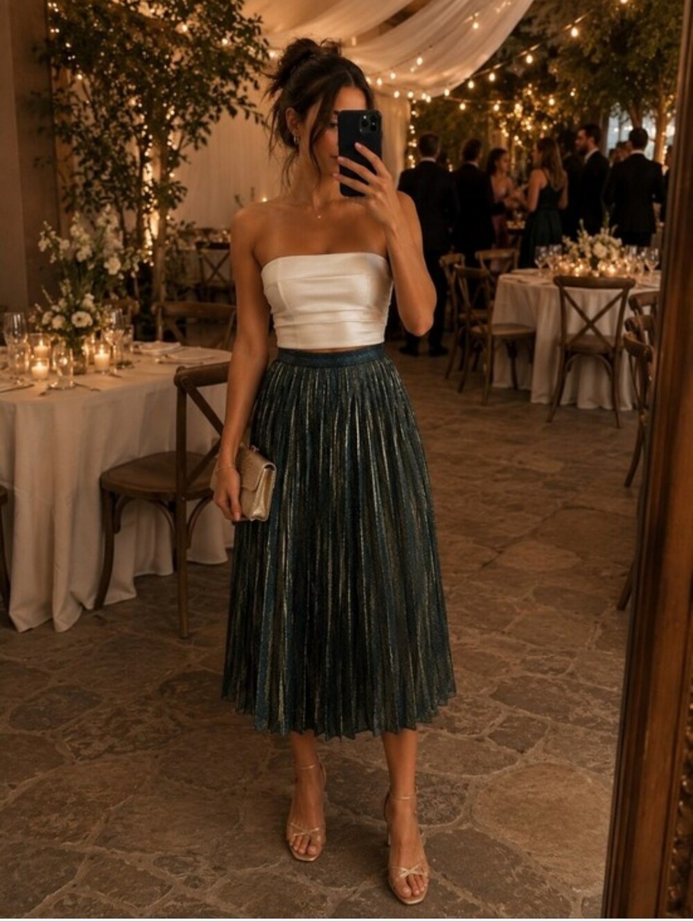 Metallic Pleated Midi Skirt in Teal